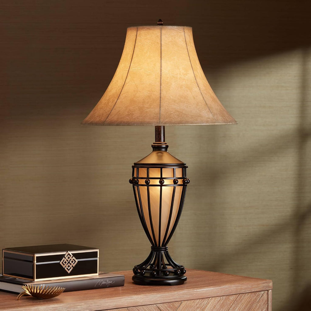 Franklin Iron Works Cardiff Traditional Table Lamp 33' Tall with Night Light Brushed Iron Cage Champagne Urn Glass Beige Bell Flared Shade for Bedroom Living Room House Bedside Nightstand Office