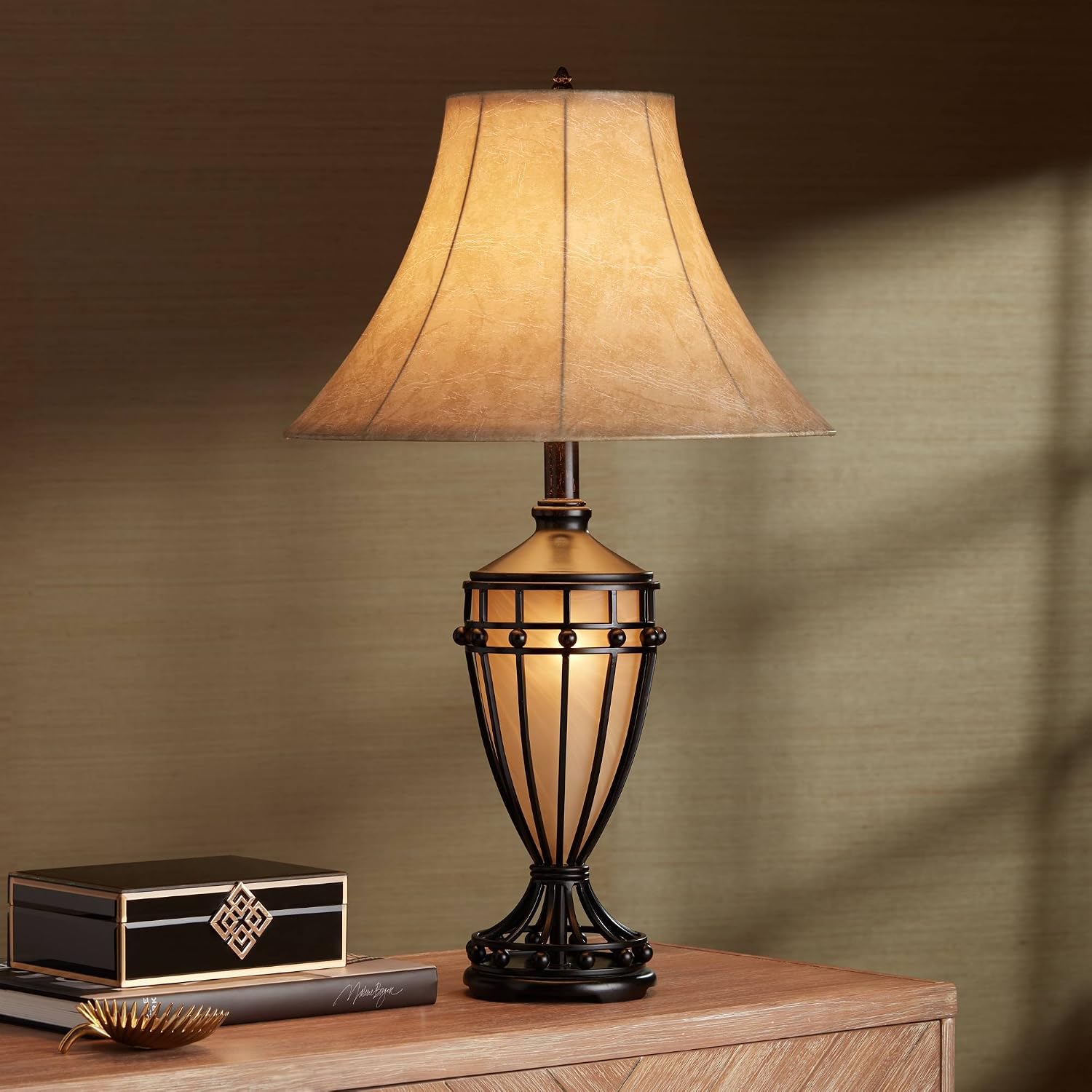 Franklin Iron Works Cardiff Traditional Table Lamp 33' Tall with Night Light Brushed Iron Cage Champagne Urn Glass Beige Bell Flared Shade for Bedroom Living Room House Bedside Nightstand Office