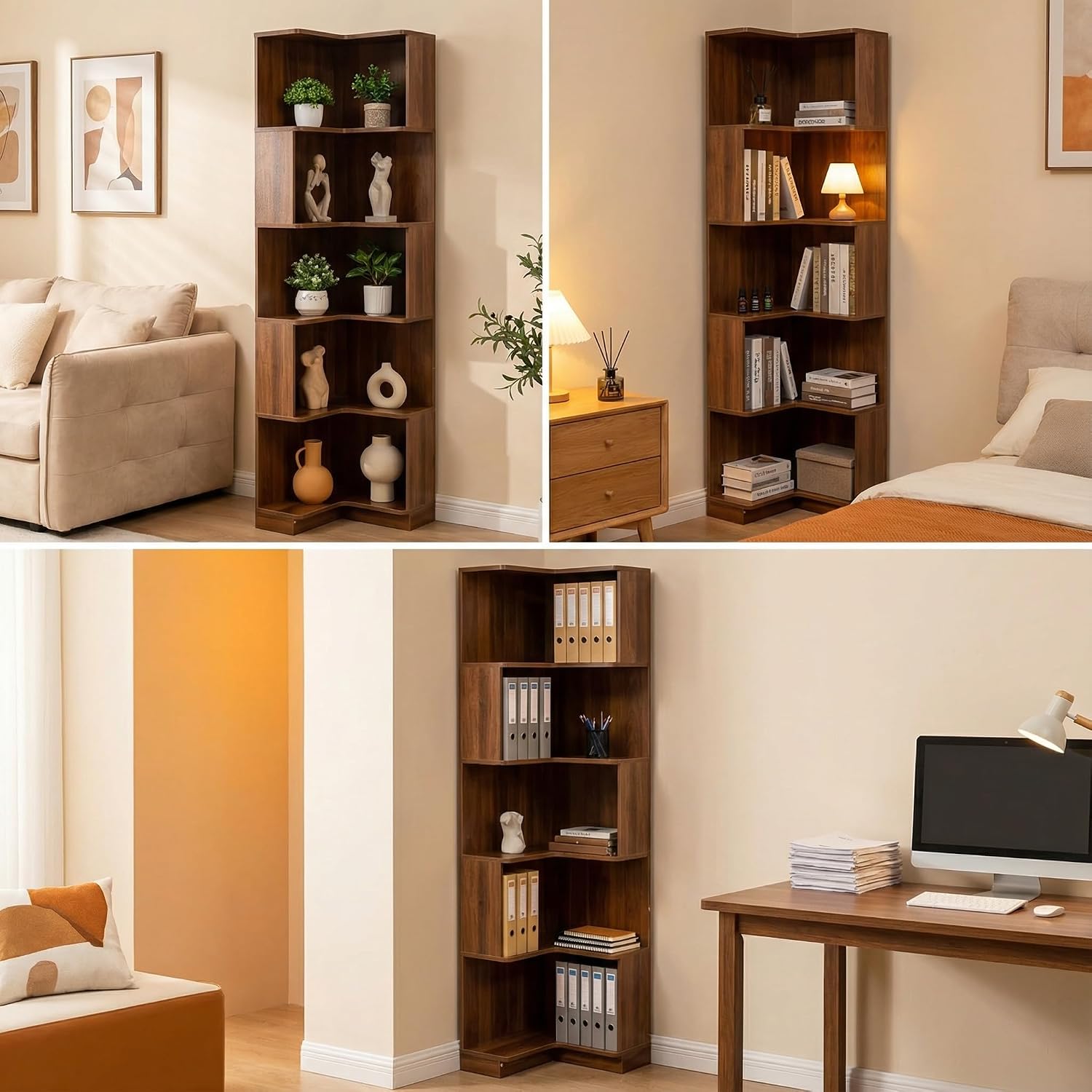 Corner Bookshelf, 5 Tier Tall Corner Bookcase with LED Lights, Freestanding L Shaped Open Display Shelf for Living Room, Bedroom, Home Office (Walnut)