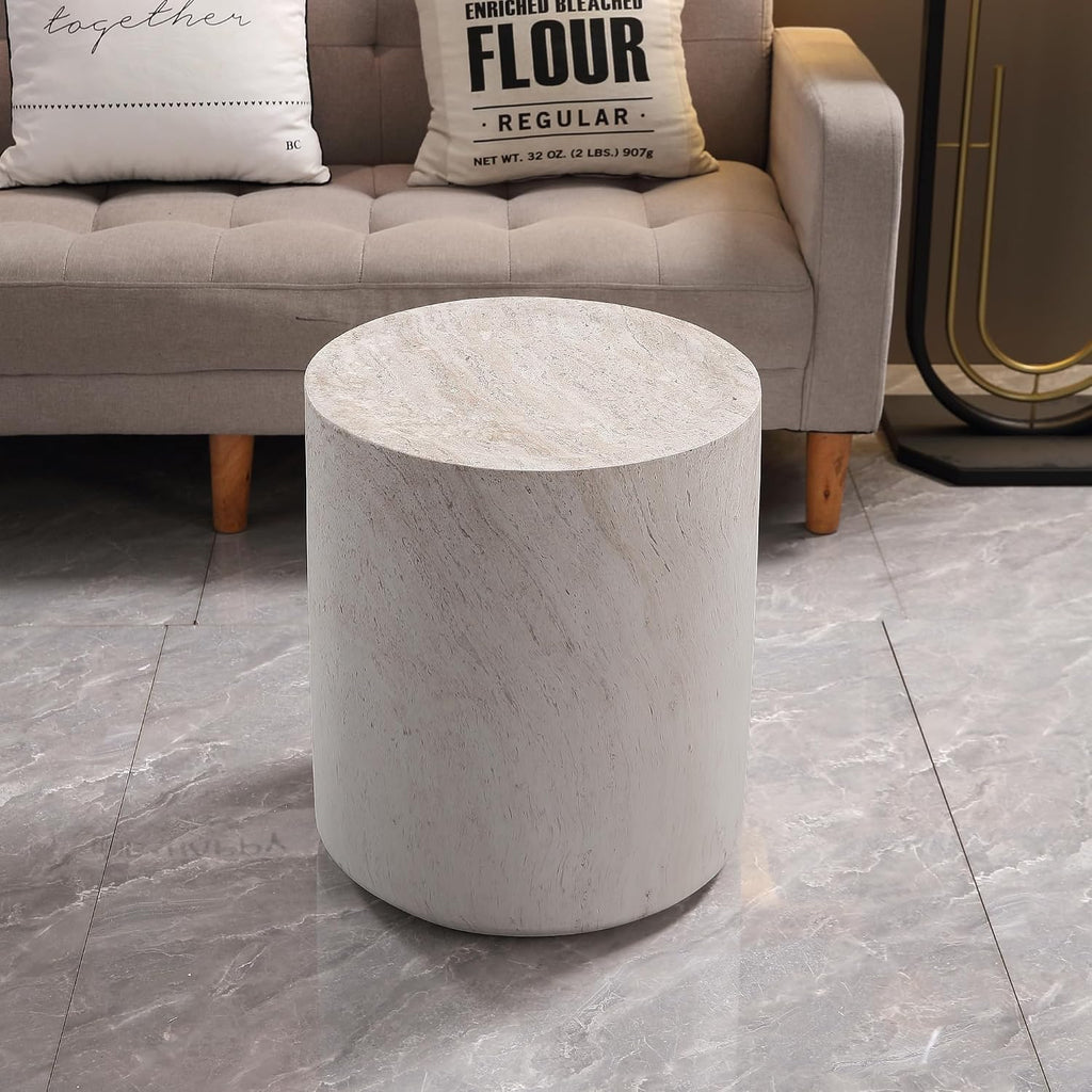 WILLIAMSPACE 15.75' Round End Table in Faux Marble, Modern Circle Drum Stone Side Table Travertine Small Coffee Table for Living Room, Outdoor, Magnesium Oxide, No Need Assembly, Light Beige