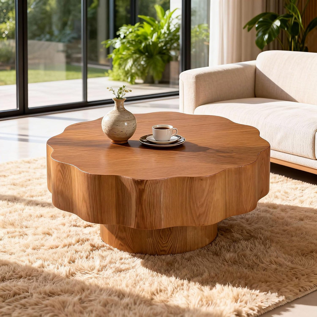 31.5'' Farmhouse Coffee Table Petal-Like, Wood Coffee Center Table Mid Century Modern Coffee Table for Living Room, Small Space End Side Table for Bedroom, Farmhouse, Apartment, Office