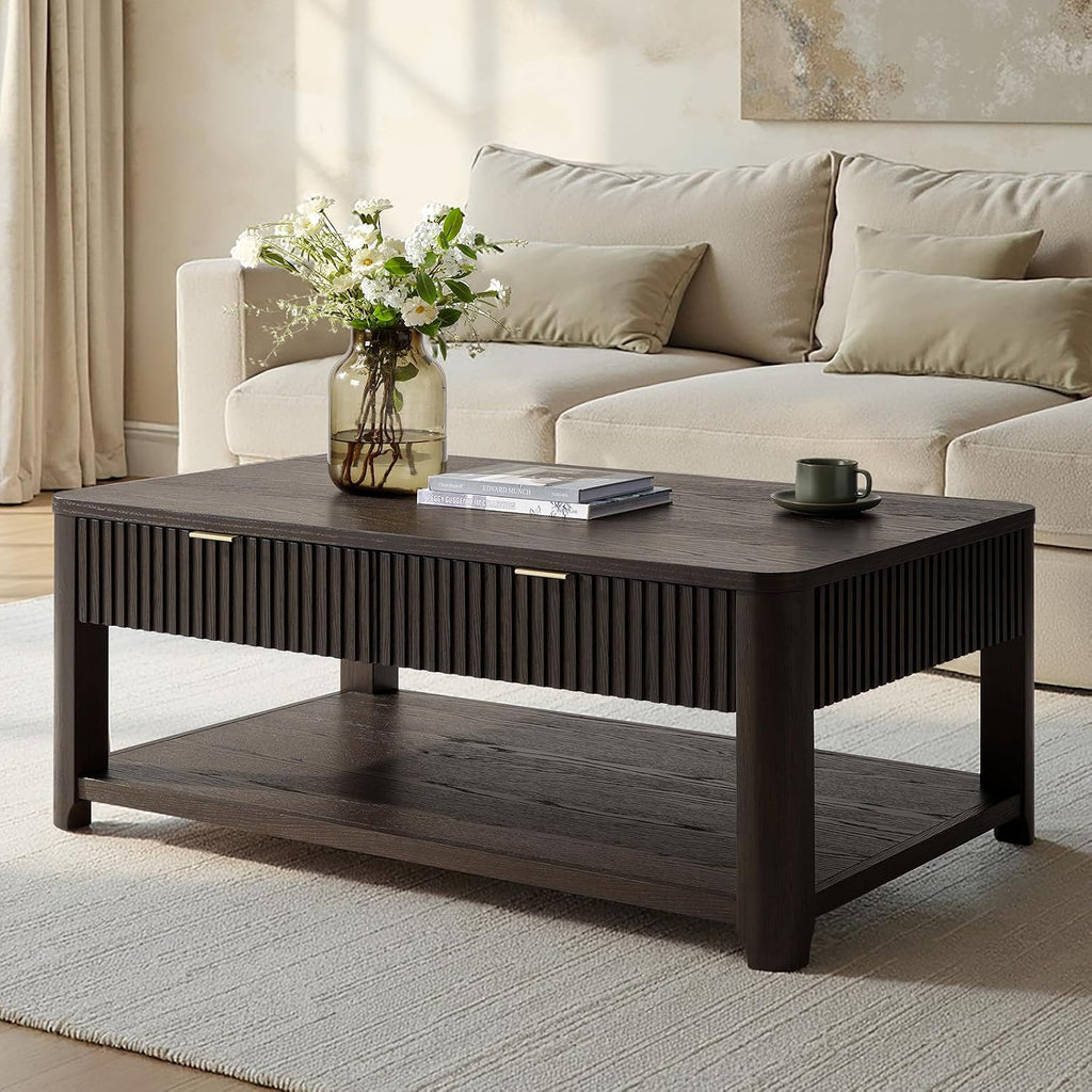 HULALA HOME Modern Fluted Coffee Table with Storage, Wood Oak Veneer Coffee Table with Wide Tabletop, 2 Drawers and Lower Shelf for Living Room, Easy Assembly, Black
