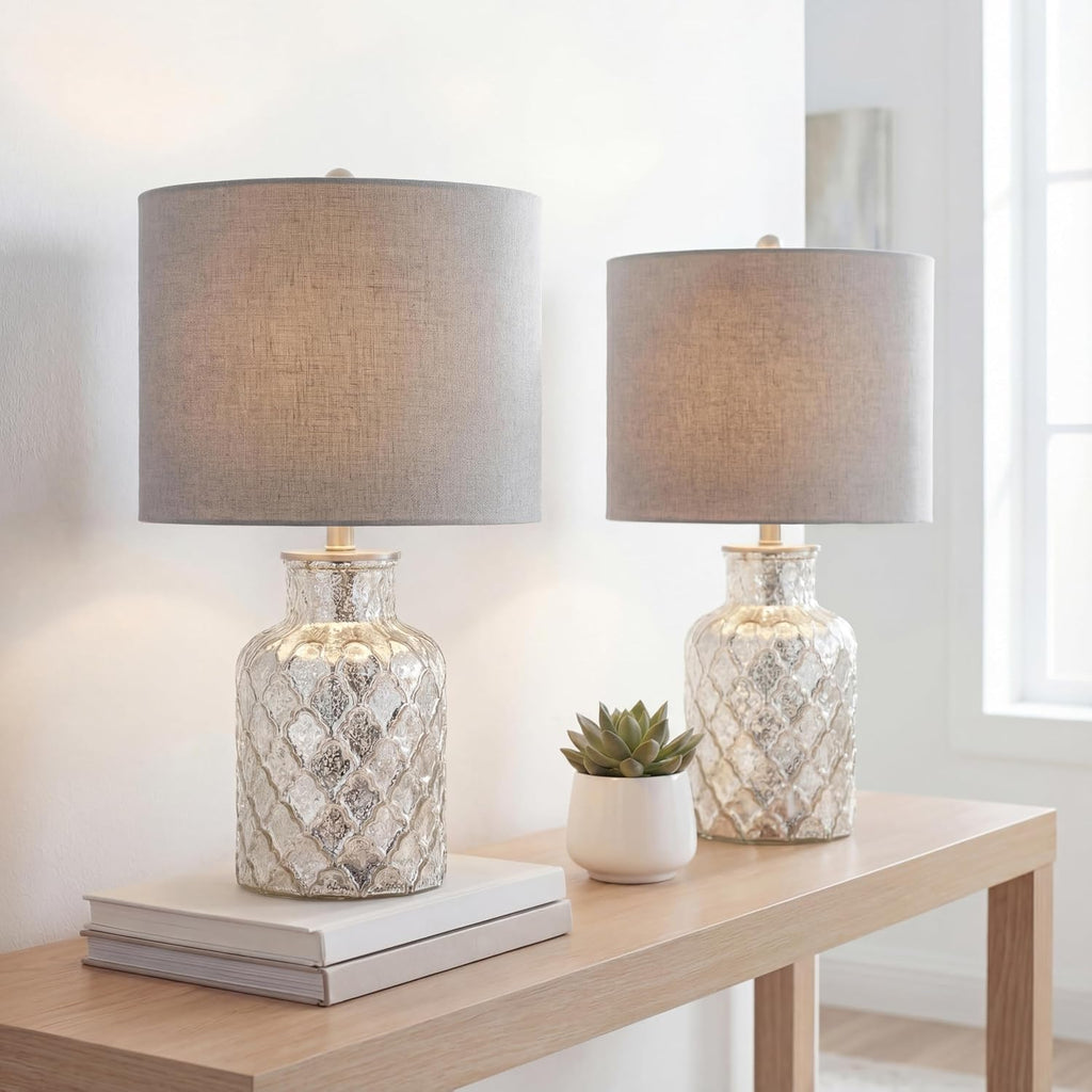 JONATHAN Y 24.5' Alvord Mercury Silver Quatrefoil Glass Table Lamp Set of 2, Contemporary Nightstand Lamps with Grey Linen Drum Shade, UL Listed, LED Bulbs Included JYL1075A-SET2