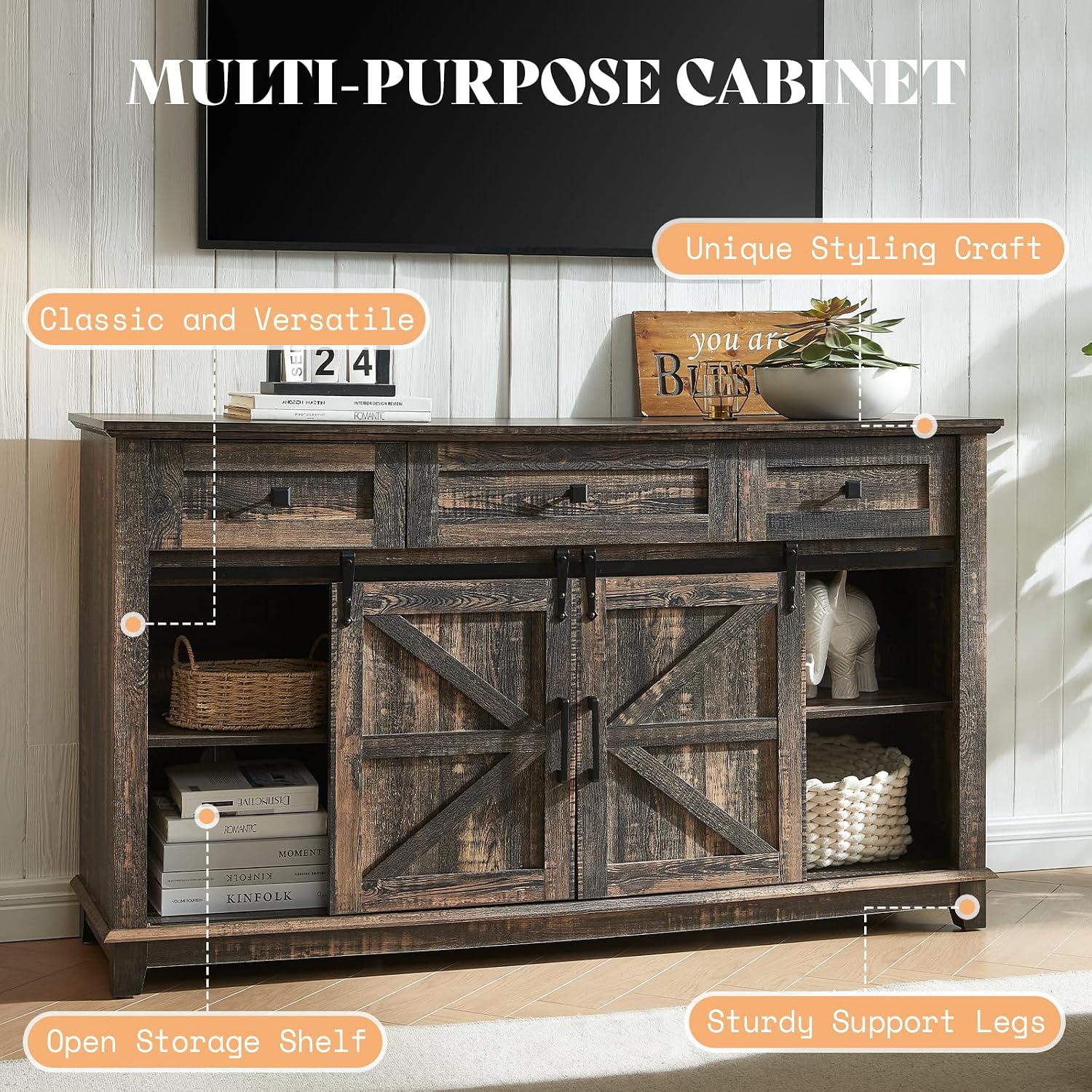 AMERLIFE Farmhouse 5-Piece Set, 18' End Tables Set of 2 with Charging Station,TV Stand for 65'+ TV, Storage Coffee Table & 46'' Entryway Table, Sliding Barn Doors,Adjustable Shelves, Rustic Oak Black
