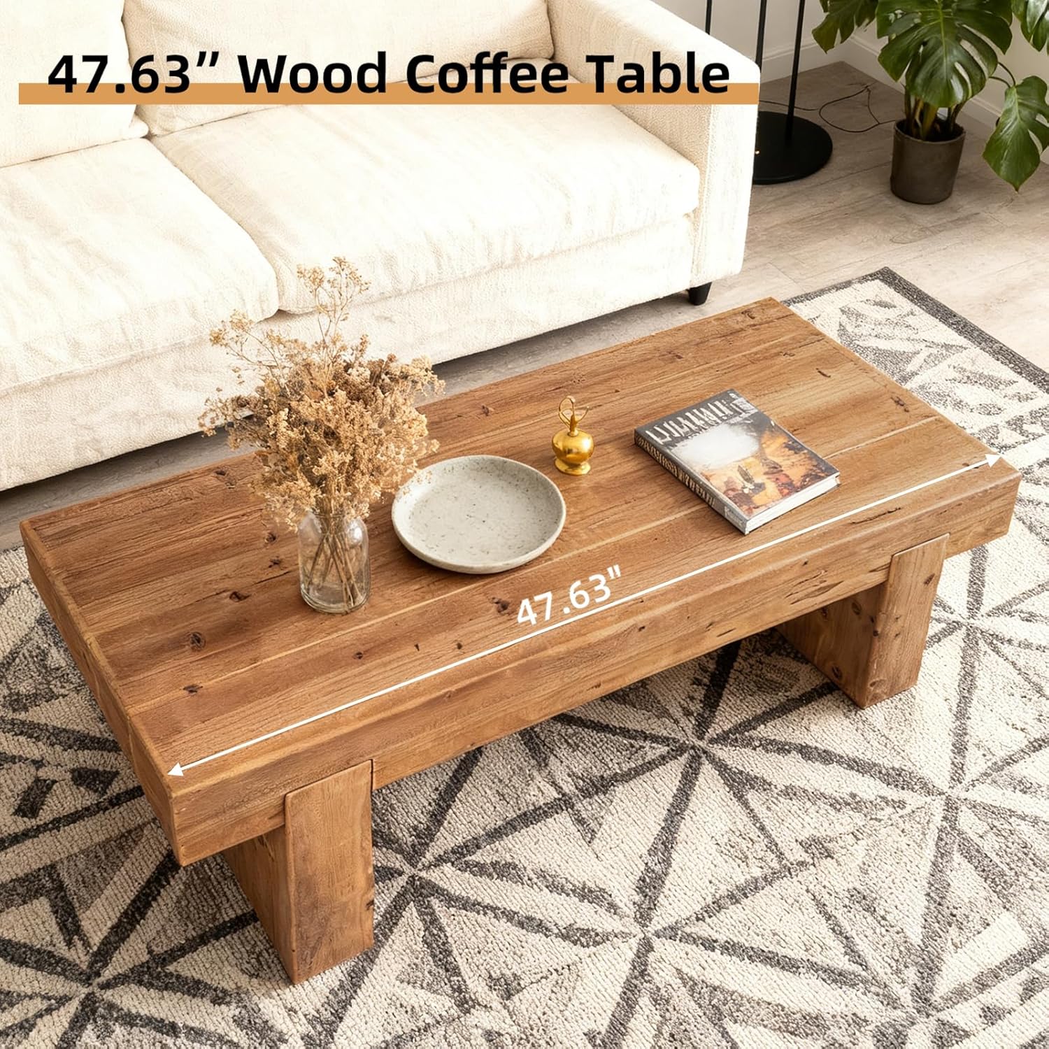 Rustic Wooden Coffee Table for Living Room, Mid Century Modern Coffee Table Rectangle Center Table, Farmhouse Solid Wood Tea Table for Office Apartment (47.64''L × 20.87 ''W × 14.17''H)