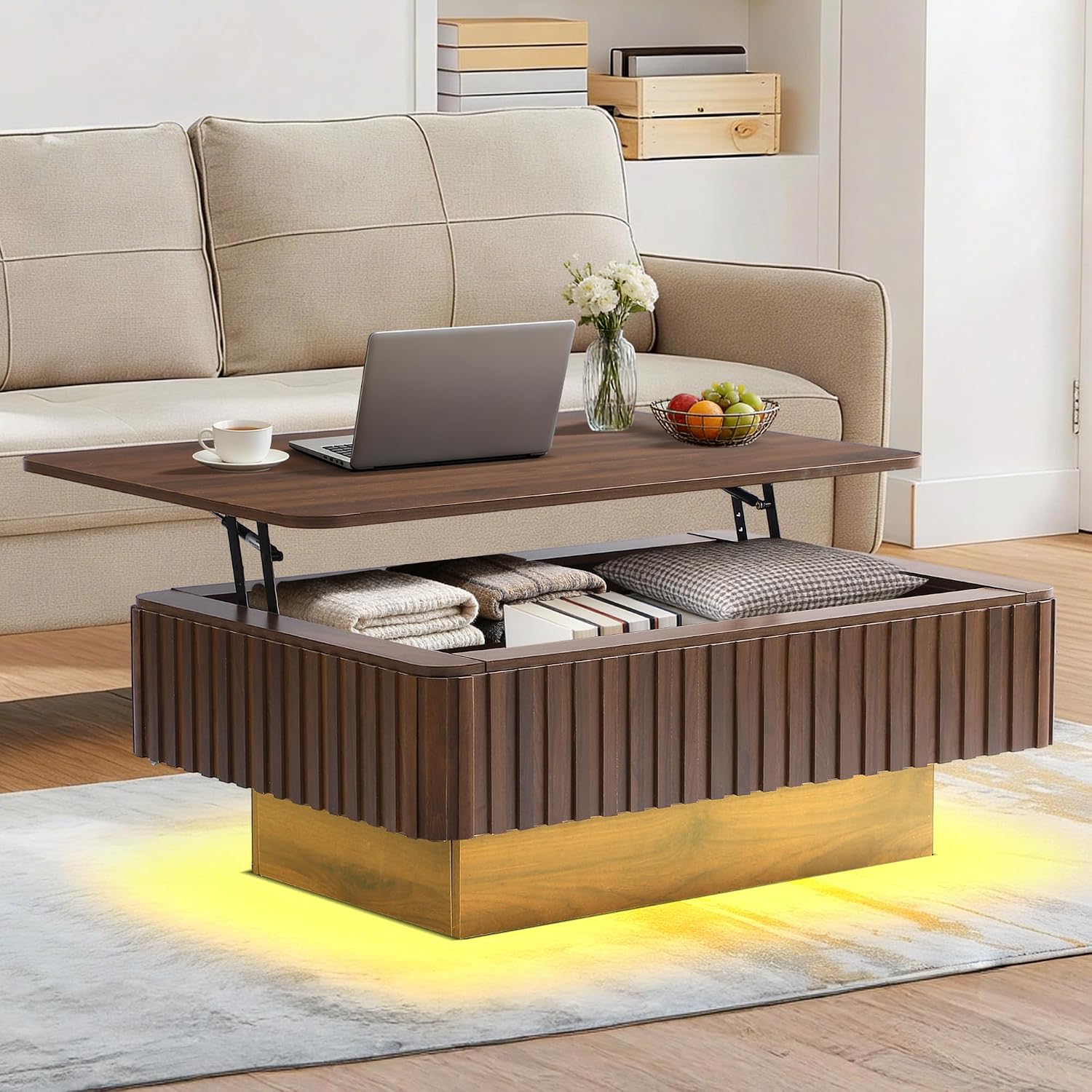 Grepatio Lift Top Coffee Table with Storage, 38' Fluted Coffee Table with RGB Led Lights, Wooden Center Tables with USB Power Outlet, Mid Century Table with Lifting Top for Living Room (Rectangle)
