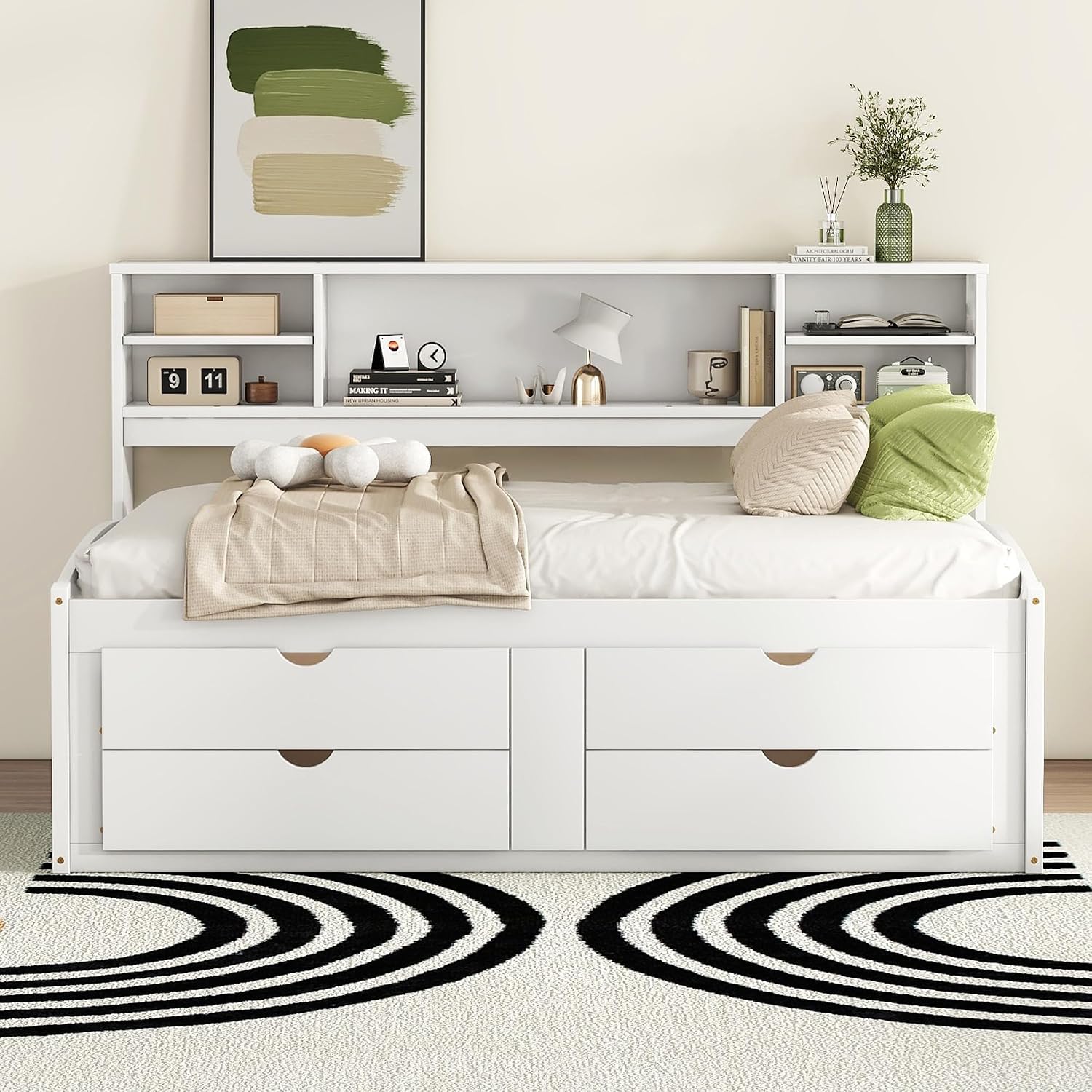 SOFTSEA Full Size Daybed with Storage Drawers, Wood Corner Bed Full with Bookcase Headboard, Wooden Captains Bed with Storage Cabinets for Kids Teens Adults, White