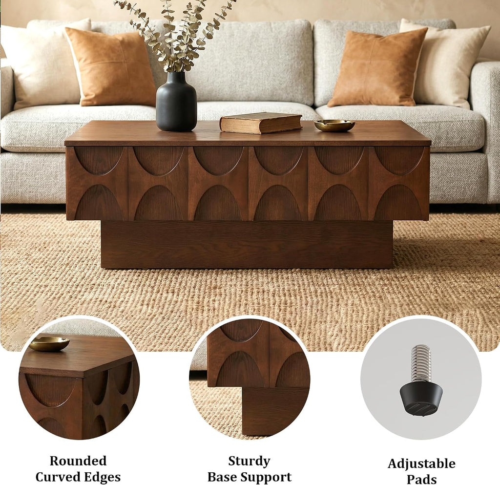 LKTART Coffee Table with Slide-Top Storage, Mid Century Modern Coffee Table with Solid Wood Veneer & Large Hidden Compartment, Wood Center Table for Living Room, Home Office, Walnut