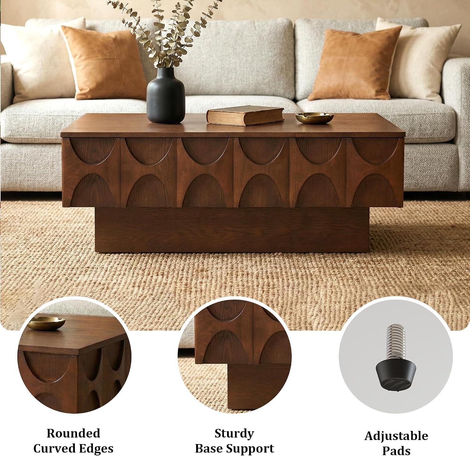 LKTART Coffee Table with Slide-Top Storage, Mid Century Modern Coffee Table with Solid Wood Veneer & Large Hidden Compartment, Wood Center Table for Living Room, Home Office, Walnut