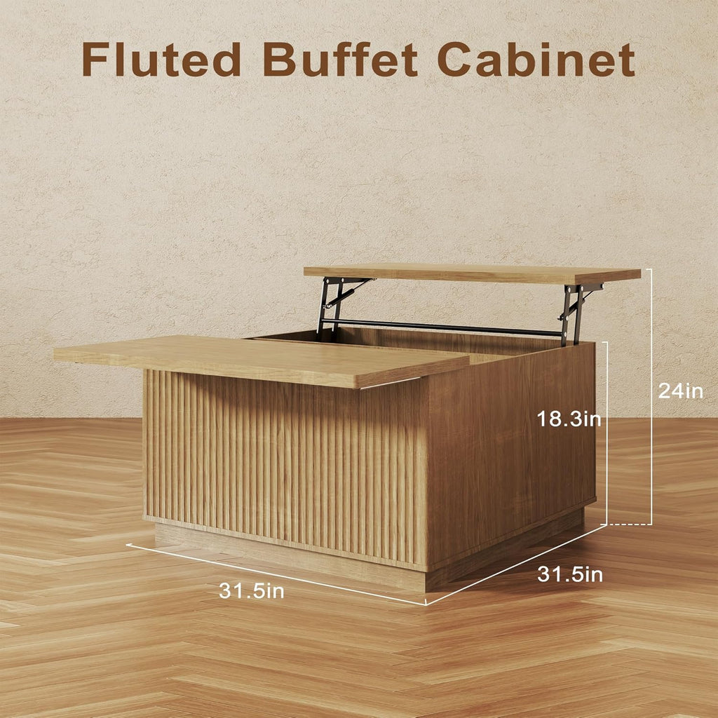 Fluted Coffee Table with Lifting Top, 31.5' Square Coffee Table with Storage, Mid Century Modern Center Table for Living Room, Home Office, Natural Oak