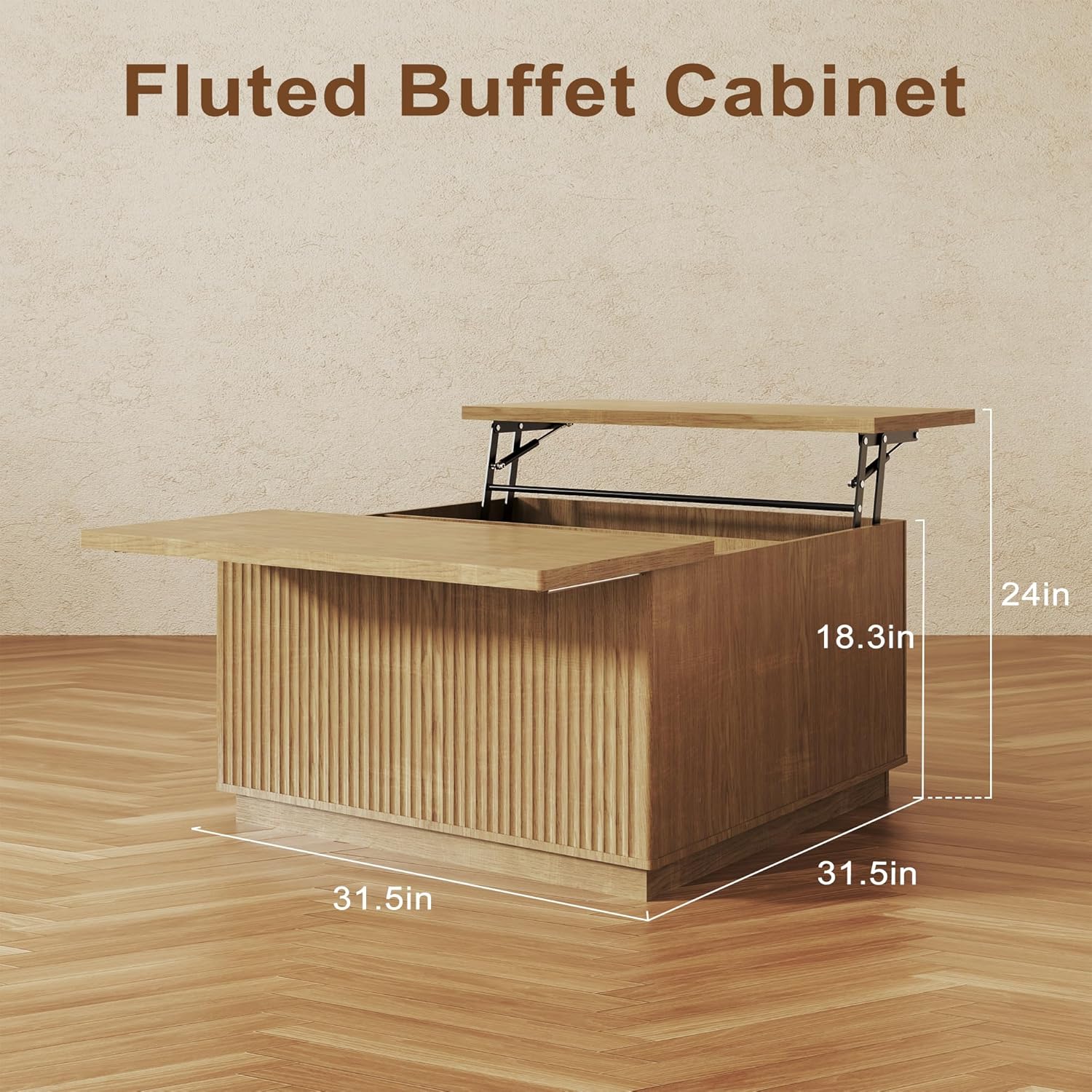 Fluted Coffee Table with Lifting Top, 31.5' Square Coffee Table with Storage, Mid Century Modern Center Table for Living Room, Home Office, Natural Oak