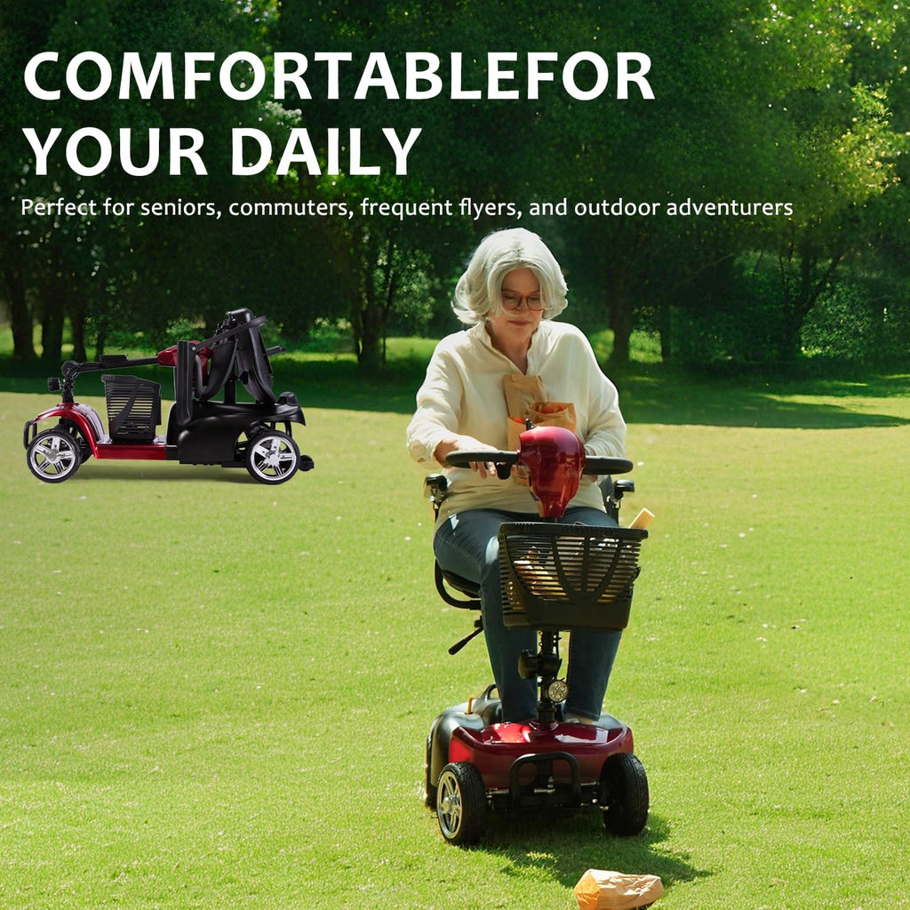 SAYYEAH 4 Wheels Mobility Scooter for Adults&Seniors, Max Speed:6mph, Mobility Scooter for Travel, with LED Headlights and Basket, Charger Included, (Purple/red/Blue/Silver) (RED)