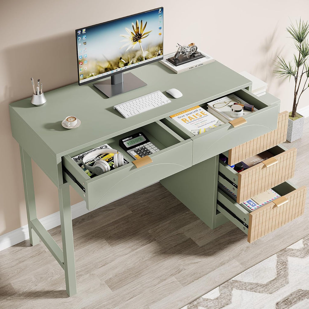 Tribesigns Computer Desk with 5 Drawers, Reversible Small Writing Desk with Storage, Modern Wooden Study Table Workstation for Home Office, Small Spaces, Mint Green