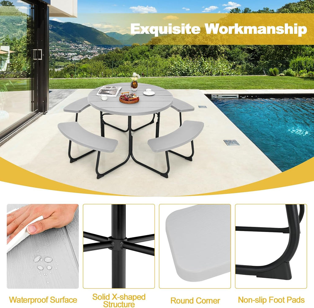 Tangkula 8 Person Picnic Table, Outdoor Round Picnic Table with 4 Built-in Benches, Umbrella Hole, Metal Frame & HDPE Tabletop, Outside Table and Bench Set for Backyard, 2300lbs Weight Capacity
