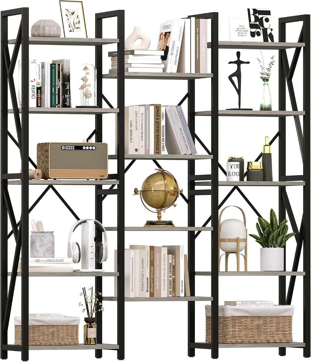 IDEALHOUSE Triple Wide 5 Tier Book Shelf, Tall Bookshelf with Open Display Shelves, Industrial Large Bookshelves and Bookcases with Metal Frame for Living Room, Bedroom, Home Office-Grey