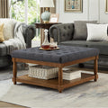 Ottoman Coffee Table, Upholstered Square Coffee Table with Storage Solid Wood Shelf, Linen Large Footrest Ottoman Pouf for Living Room, Charcoal