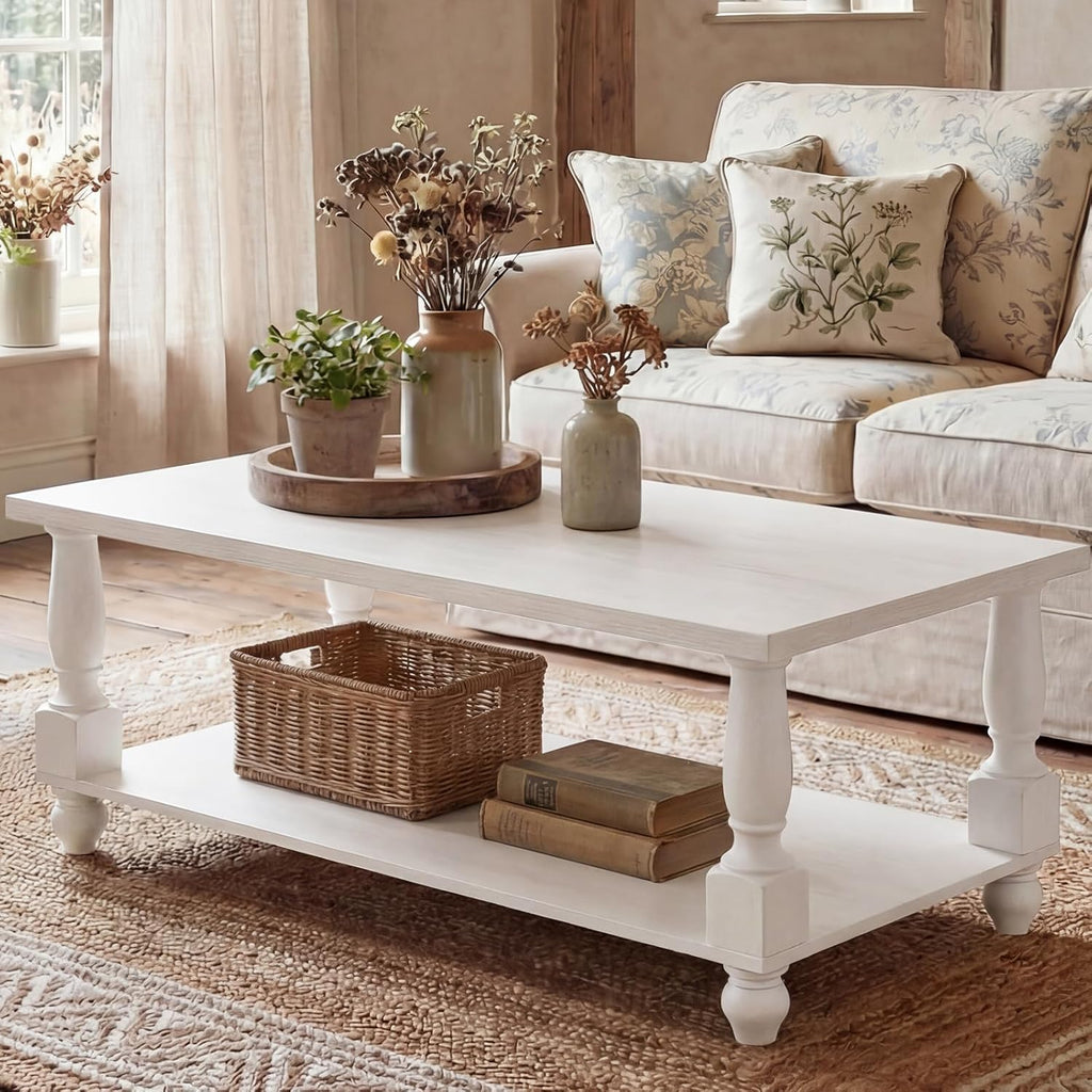 Homieasy Farmhouse Coffee Table with Storage, 47' Rectangular Living Room Center Table with Solid Wood Legs and Thickened Top, 2-Tier Wood Coffee Table with Turned Legs, Easy Assembly, White