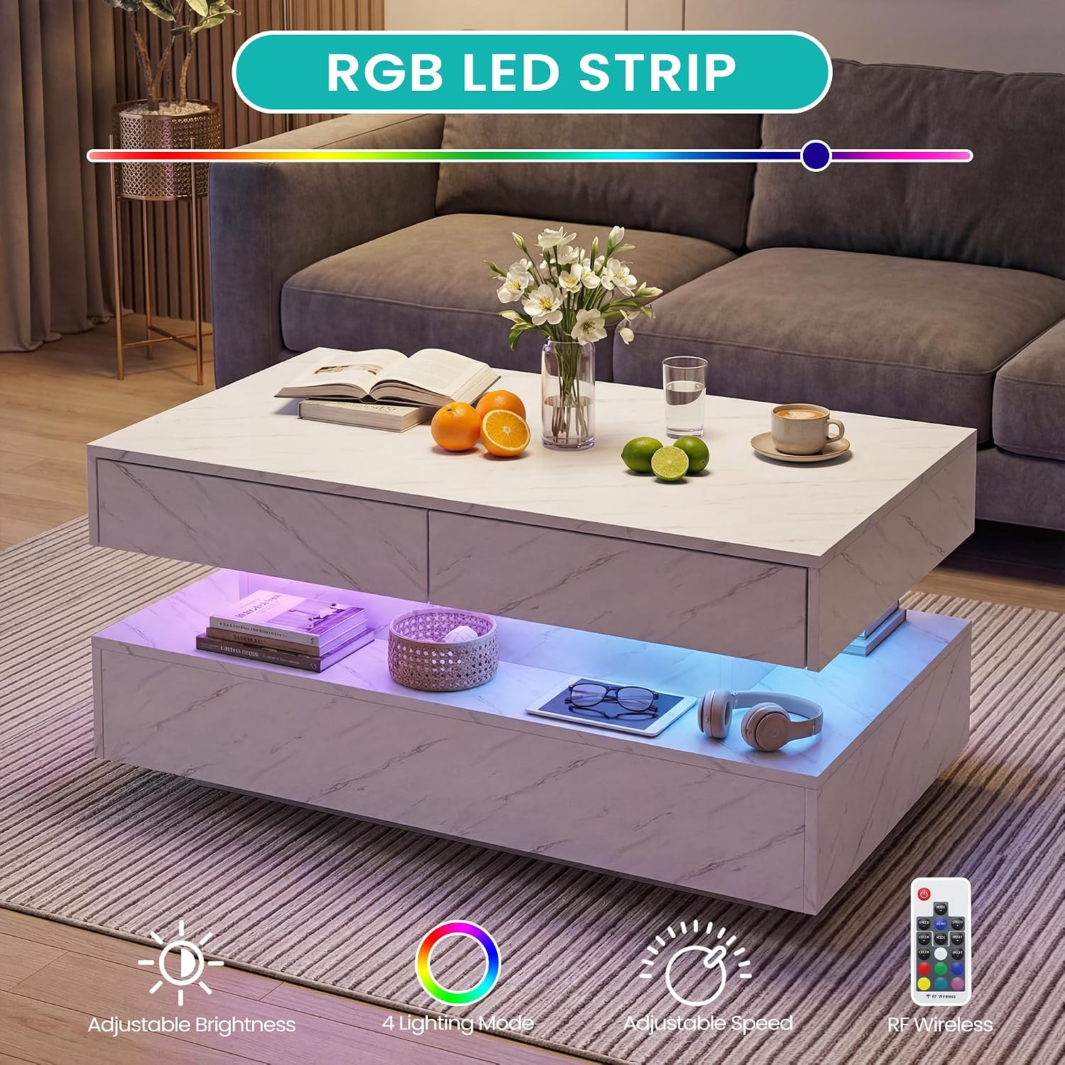 Coffee Table for Living Room, Modern Coffee Table with 2 Storage Drawers, 2 Tier Center Table Wood Coffee Tables with 20 Colors LED Lights, Mesa de Centro para Sala (White)