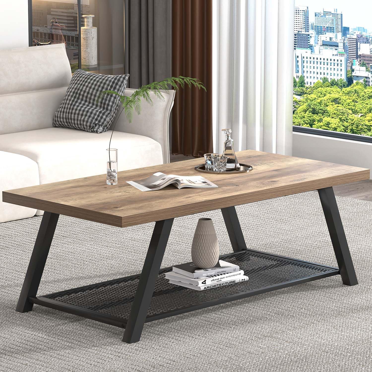 FOLUBAN Coffee Table with Storage, Modern Rustic Wood and Metal Coffee Tables for Living Room, Industrial 2-Tier Center Tea Cocktail Table, Oak, 47 Inch
