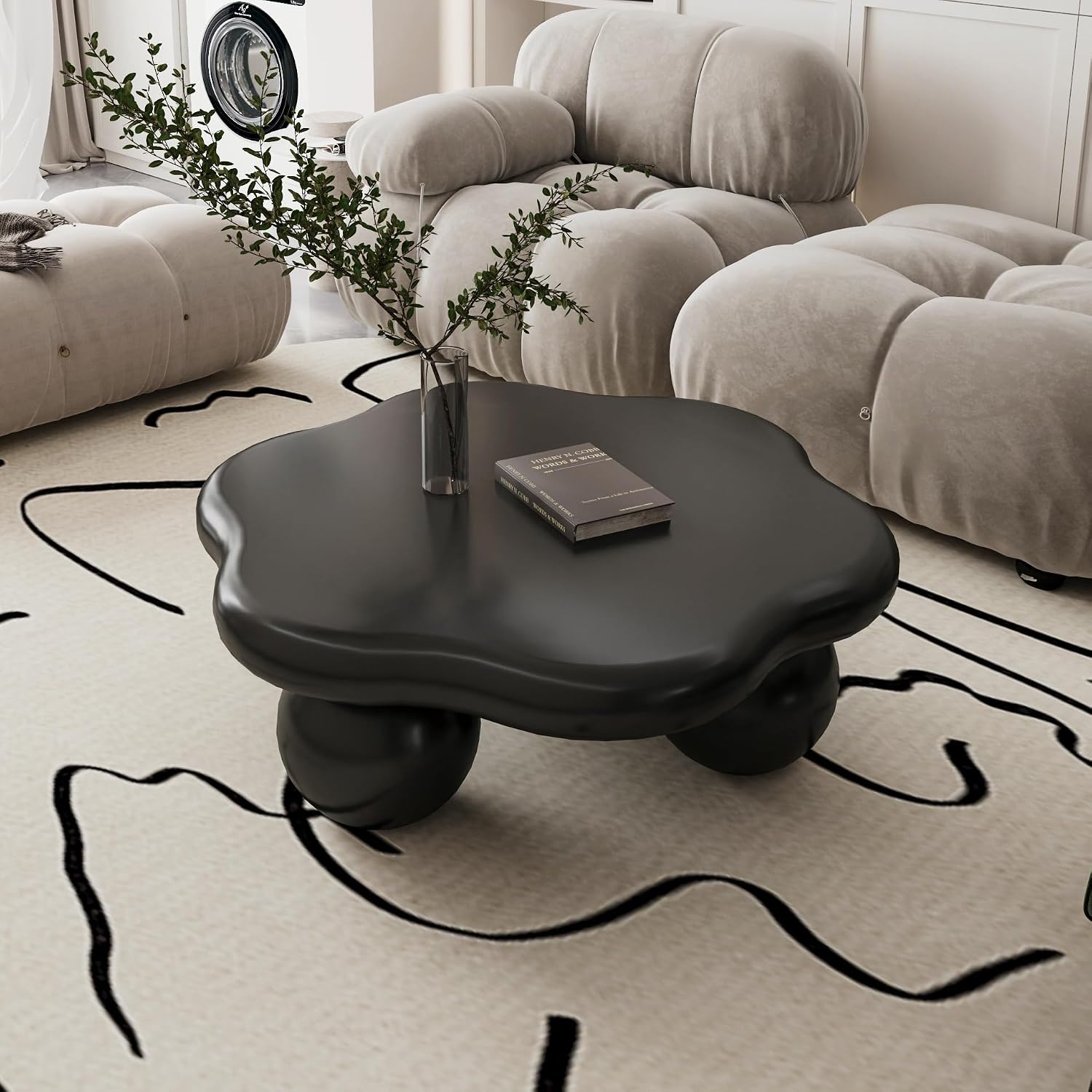 35.03' Cloud Coffee Table for Living Room Unique Coffee Table Modern Low Coffee Tables Cute Center Table with 3 Ball Legs for Small Space Apartment Cream Flower-Black