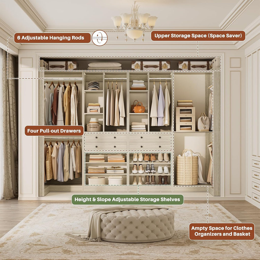Besiost Closet System with 4 Drawers & Corner Tower, Closet Organizer System with 4 Hanging Robs, Reversible U Shaped Walk-in Closet System, Load 2600+LBS Capacity, Set of 4, Greige Oak