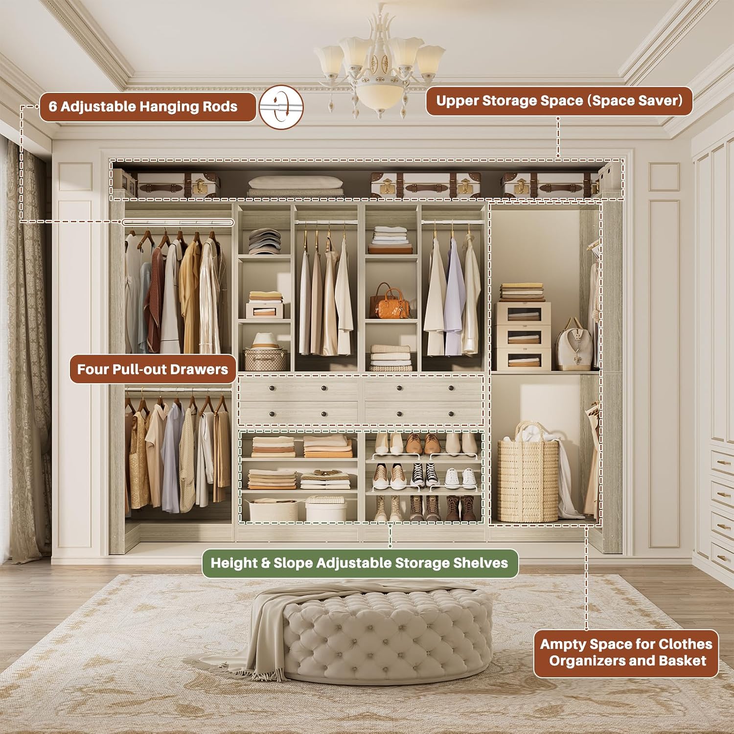 Besiost Closet System with 4 Drawers & Corner Tower, Closet Organizer System with 4 Hanging Robs, Reversible U Shaped Walk-in Closet System, Load 2600+LBS Capacity, Set of 4, Greige Oak