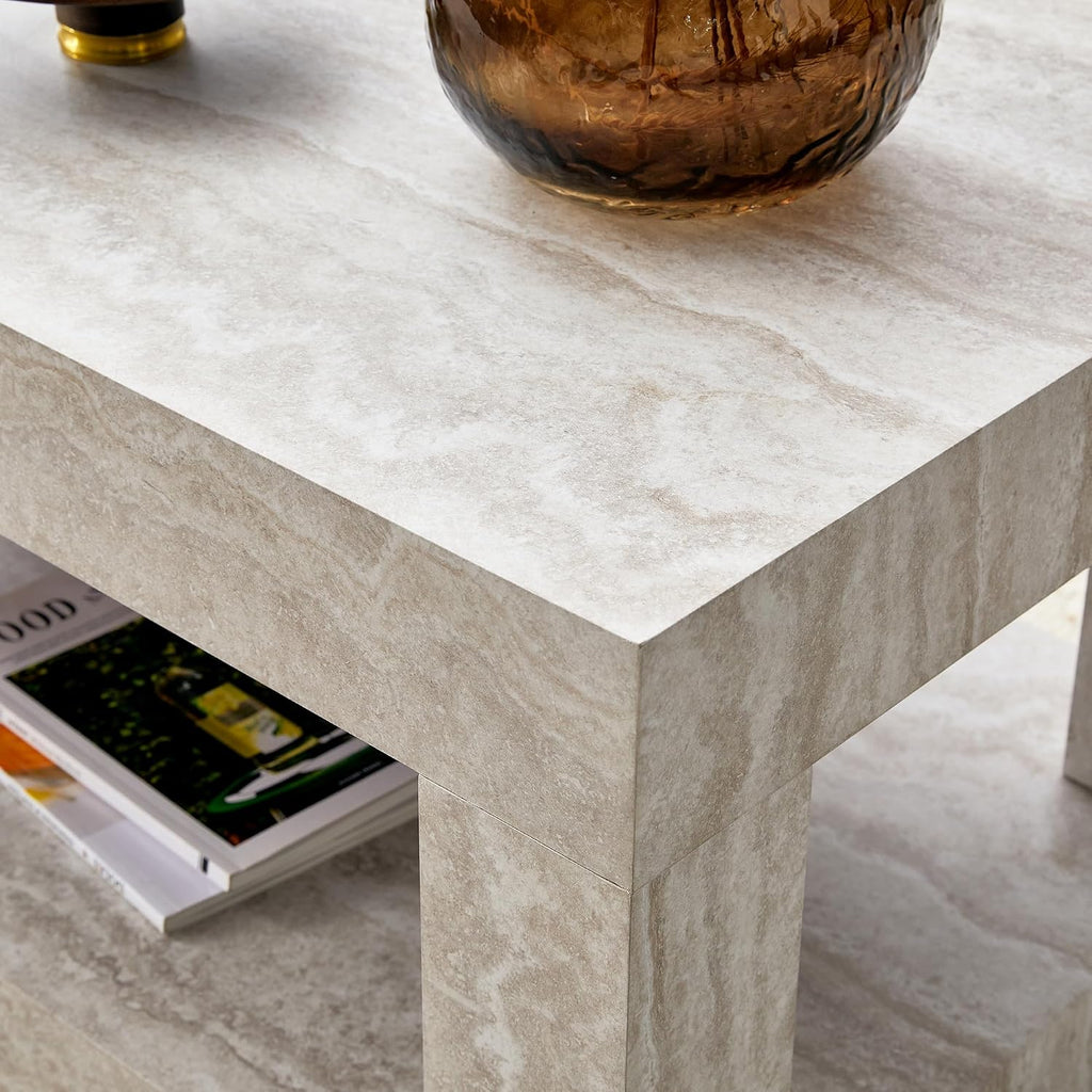 39.4' Faux Mars Coffee Table with Storage, 2-Tier Travertine Coffee Table with Thick Tabletop, Mid Century Travertine Cocktail Center Tea Tables with Bottom Shelf for Living Room, Office, Apartment