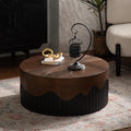 GDFStudio 30.3' Round Coffee Table with Walnut Table Tops, Bark Texture Veneer Circle Coffee Tables with Handcrafted Relief Base, Modern Living Room Side Tea Tables, No Assembly, Black+Walnut