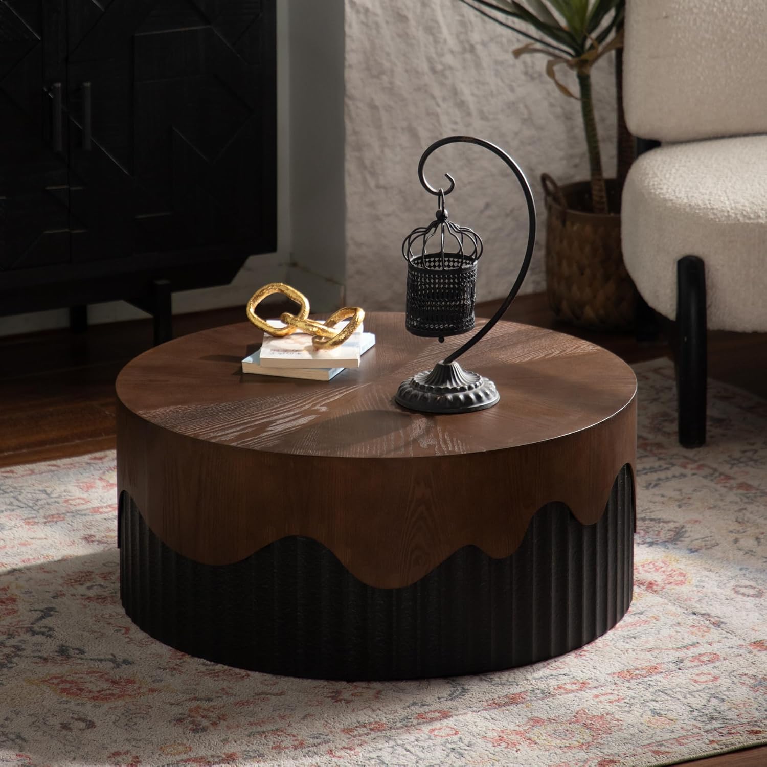 GDFStudio 30.3' Round Coffee Table with Walnut Table Tops, Bark Texture Veneer Circle Coffee Tables with Handcrafted Relief Base, Modern Living Room Side Tea Tables, No Assembly, Black+Walnut