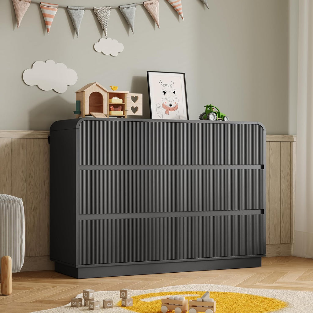 BORNOON Dresser for Bedroom with 6 Drawers, Fluted Chest of Drawers with Round Curved Corner, Hidden Handles, Modern Wood Storage Organizer for Bedroom, Nursery, Living Room