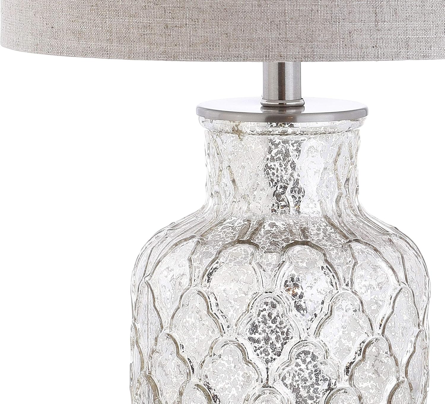 JONATHAN Y 24.5' Alvord Mercury Silver Quatrefoil Glass Table Lamp Set of 2, Contemporary Nightstand Lamps with Grey Linen Drum Shade, UL Listed, LED Bulbs Included JYL1075A-SET2
