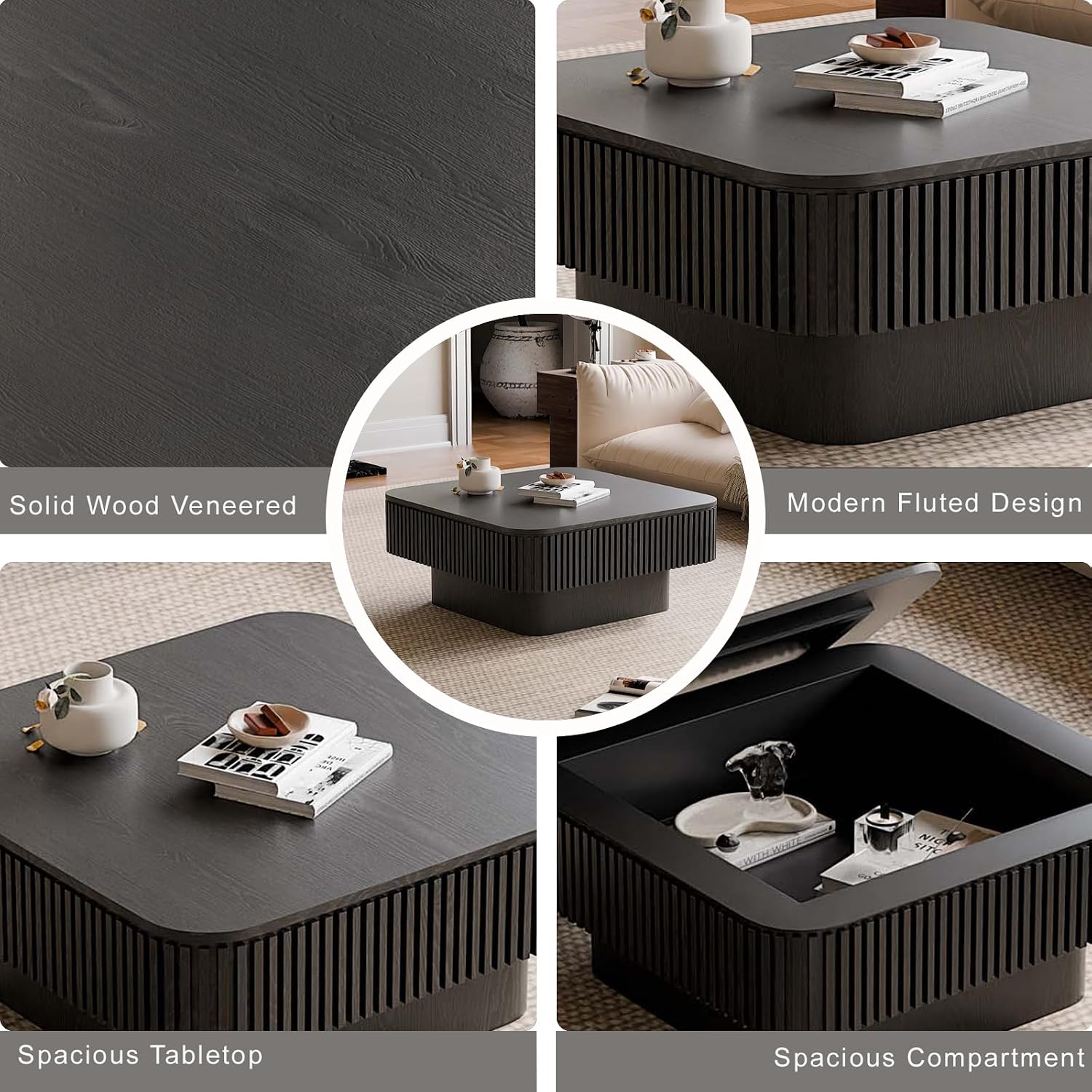 Square Small Coffee Table with Storage, Modern Wooden Coffee Table with Solid Wood Veneered, Fluted Center Table Drum Tea Table for Living Room Apartment, 31.5''L×31.5''W×14''H