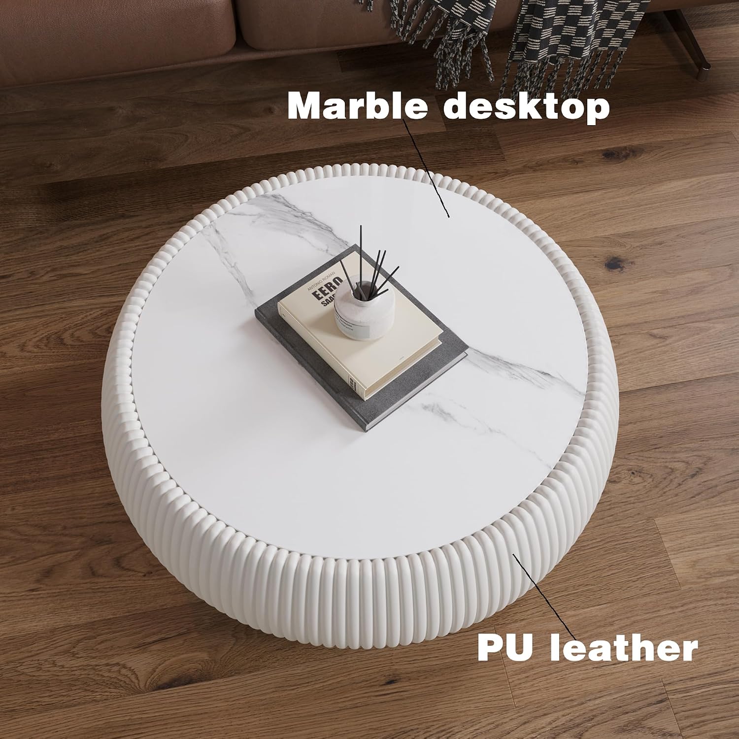 White Round Coffee Table with Sintered Stone Tabletop, 27.55' Drum Coffee Table with Fluted PU Leather Covered and Stable Base, Circle Cocktail Tea Table for Living Room