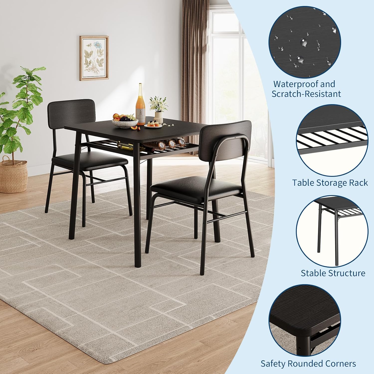 GarveeHome Dining Table for 2 with Storage Rack, Small Kitchen Table for 2 with Metal Frame, Square Table with Upholstered Chairs Set of 2, 3-Piece Dining Room Set for Small Space, Apartment, Black