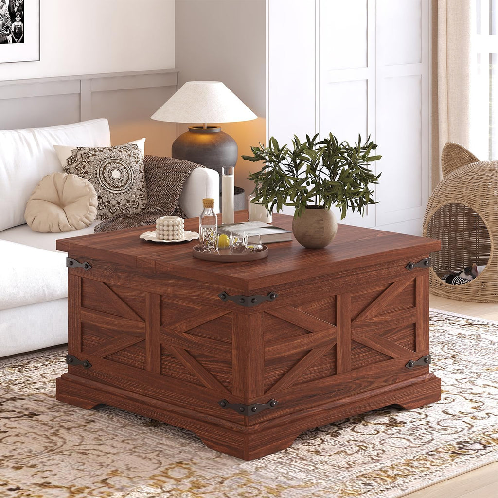 Farmhouse Coffee Table with Large Hidden Storage, Square Wood Living Room Tables, Multi-Function Lift Wooden Barn Door Center Table (Cherry Wood)