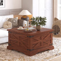 Farmhouse Coffee Table with Large Hidden Storage, Square Wood Living Room Tables, Multi-Function Lift Wooden Barn Door Center Table (Cherry Wood)