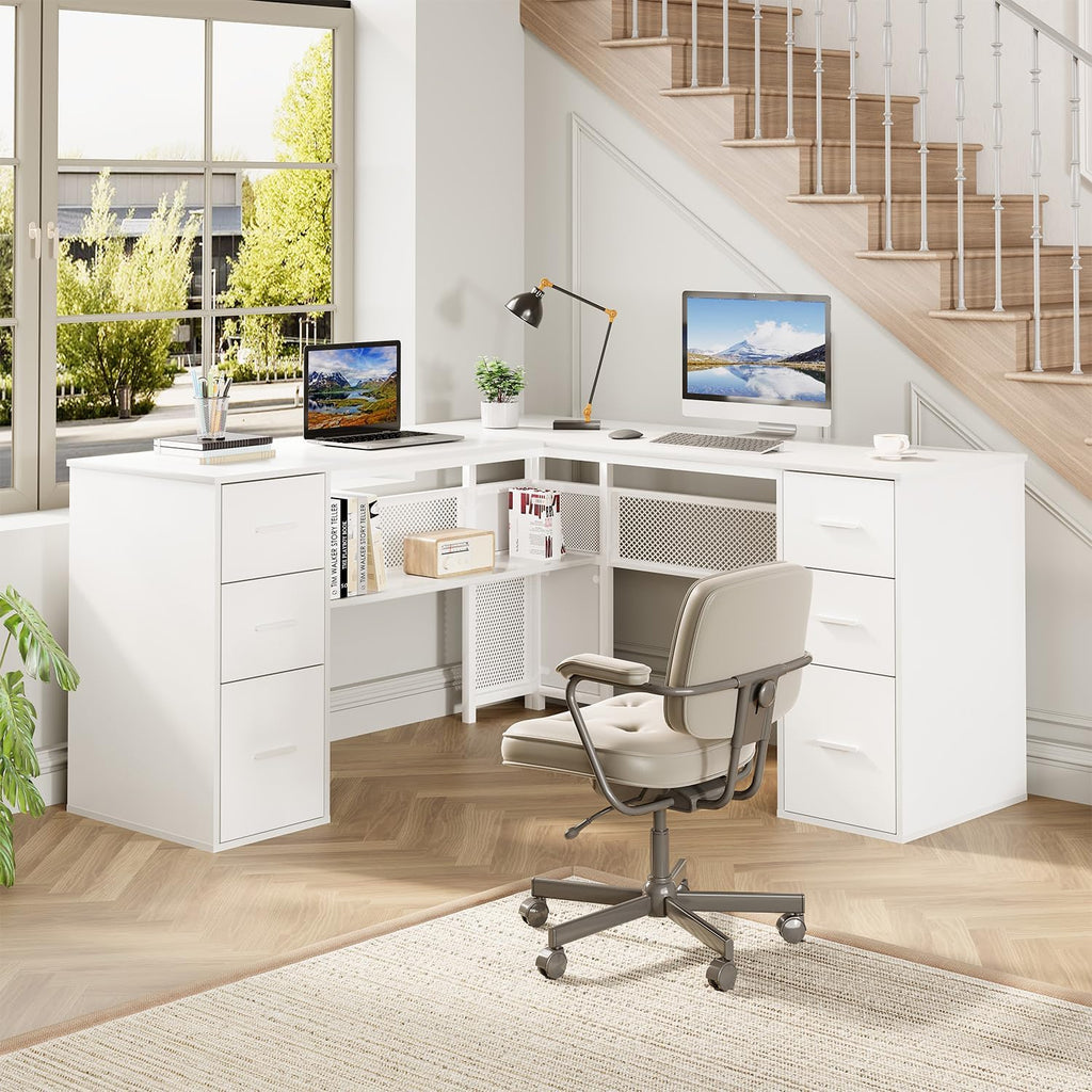 HSH White L Shaped Desk with Drawers Shelves, Large Home Office Corner Computer Desk with Storage File Cabinet, Modern Metal Wood Desk for Executive Writing Study Workstation, 59 Inch Bedroom Table