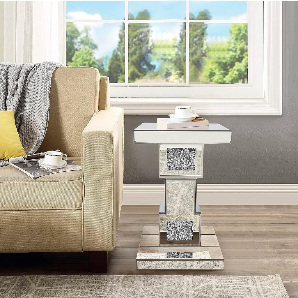 Silver Mirrored End Table With Crystal Inlay, Modern Side Table Accent Table, Square Small Coffee Table for Living Room, Bedroom