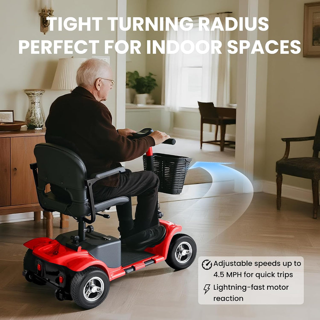 Mobility Scooters for Senior Adults, 15 Mile Electric Mobility Scooter with Detachable Battery, 4 Wheels Foldable Mobility Scooter with LED Headlights and USB Charging Port, 300 lbs Capacity (Red)