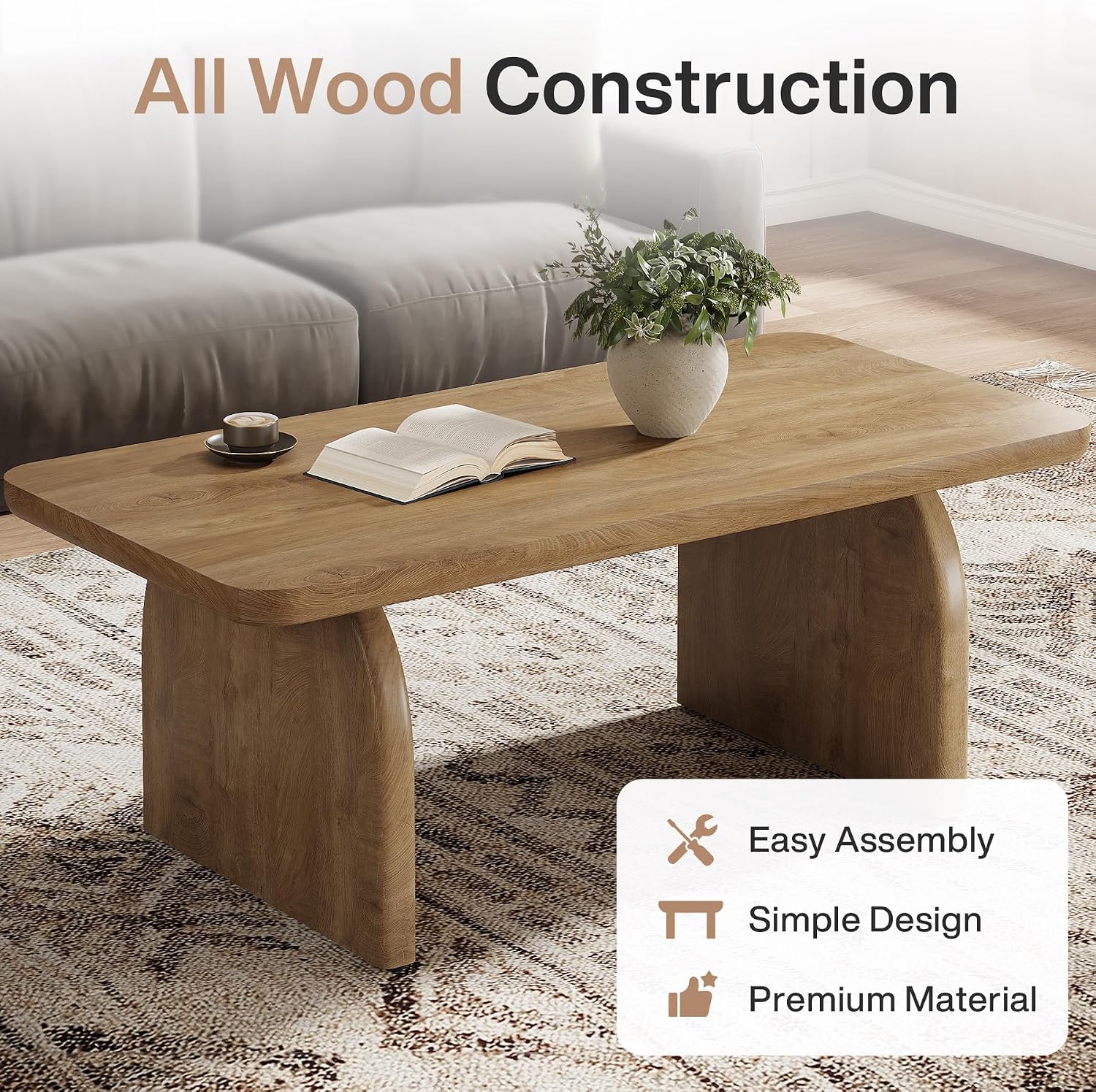 Tribesigns Farmhouse Coffee Table for Living Room, 47-Inch Mid-Century Rectangular Center Table with Rounded Corners, Modern Low Large Cocktail Tea Furniture, Easy Assembly (Natural Brown)
