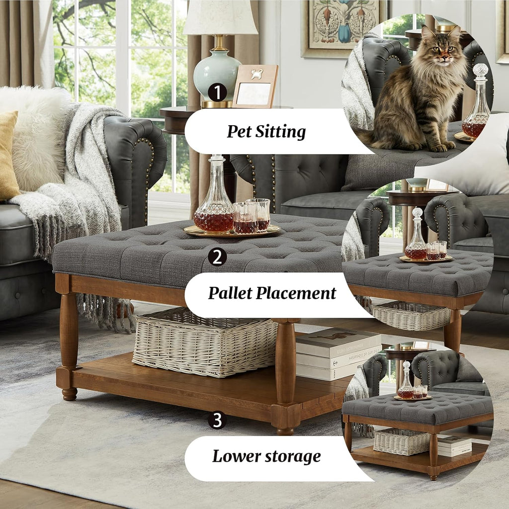Ottoman Coffee Table, Upholstered Square Coffee Table with Storage Solid Wood Shelf, Linen Large Footrest Ottoman Pouf for Living Room, Granite