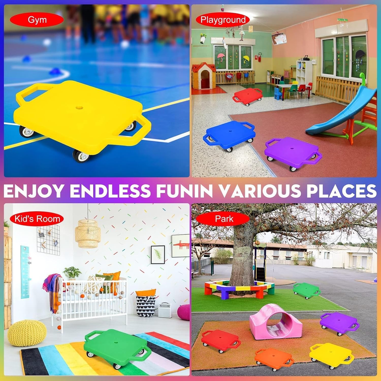 12 Pcs Sports Scooter Board with Handles for Kids Non-Marring Plastic Casters Floor Scooter Board Sitting Scooter Board Boy Girl Gym Indoor Outdoor Activities Play Equipment