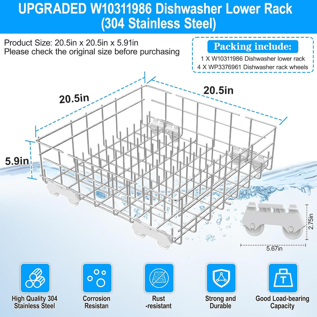 Upgraded W10311986 W10380384 Dishwasher Lower Rack 304 Stainless Steel Compatible with Whirlpool Dishwasher Racks Replacement Parts WDT750SAHZ0 WDTA50SAHZ0 Whirlpool Dishwasher Bottom Rack with Wheel