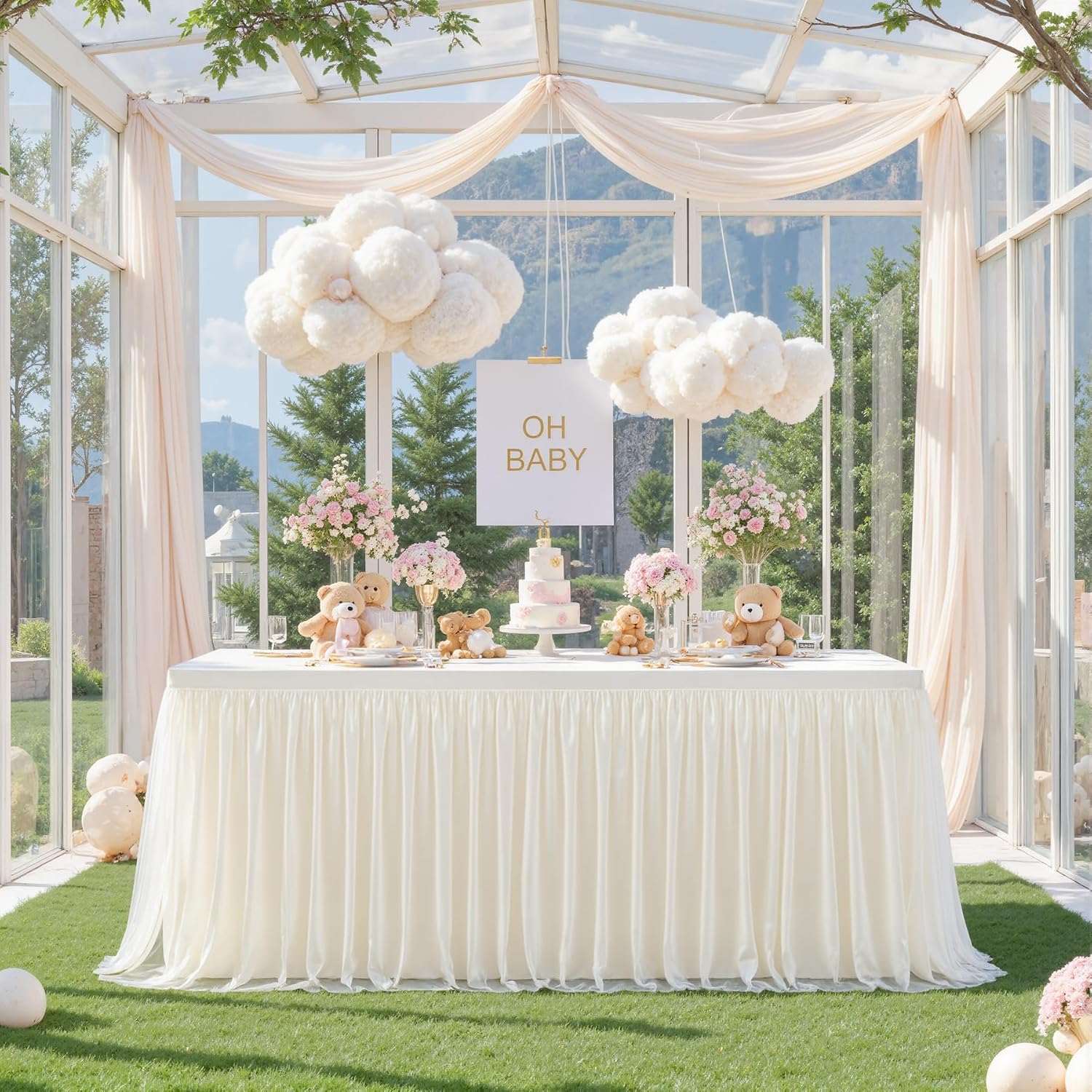 Ivory Fitted Tablecloth Rectangle 6 Foot Stretch Elastic Tulle Ruffle Tablecloths Rectangular Spandex Table Covers 6ft Birthday Baby Shower Party Wedding Table Cloths with Skirt 6Pack