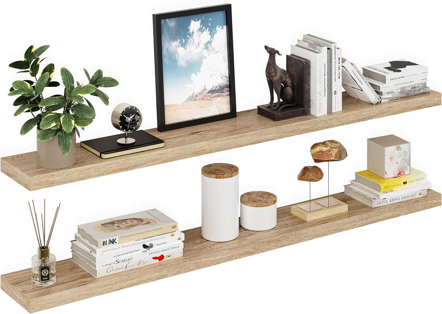 Ballucci Floating Shelves for Wall, 60' Wood Wall Shelf Set of 2, with Invisible Brackets for Bathroom, Living Room, Bedroom, Kitchen, Nursery, 8' Deep, Oak Finish