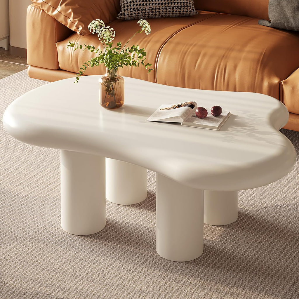 Guyii Cloud-Shaped Coffee Table, Modern Sofa Table with 4 Legs, Cream White Center Table, Small Irregular Tea Table for Living Room, Easy Assembly (White)