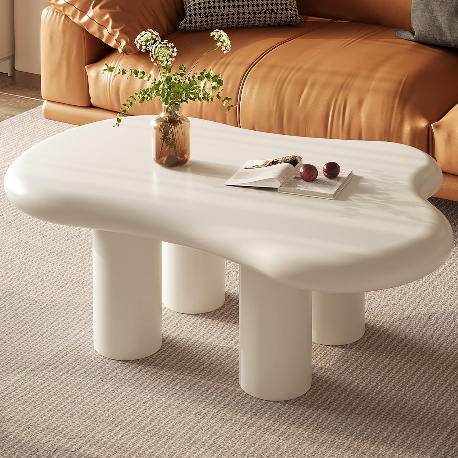 Guyii Cloud-Shaped Coffee Table, Modern Sofa Table with 4 Legs, Cream White Center Table, Small Irregular Tea Table for Living Room, Easy Assembly (White)