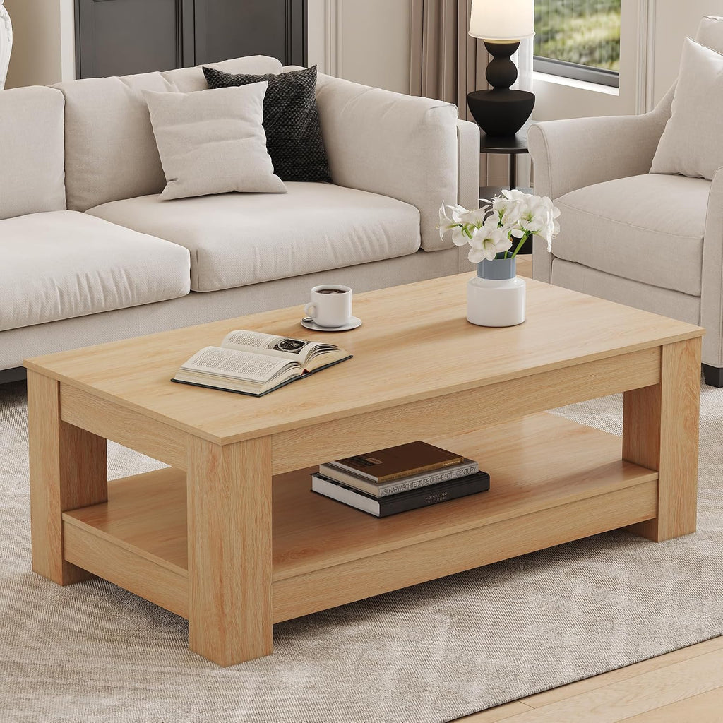 LKTART 43.3' Coffee Table with Storage, 2-Tier Mid Century Rectangular Accent Table with Thick Tabletop, Rustic Style Cocktail, Center Table for Living Room, Office, Apartment (Natural Wood)
