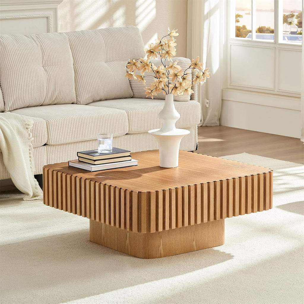 LKTART Square Coffee Table for Living Room, Accent Fluted Coffee Table with Storage, Modern Solid Wood Veneered Large Center Tea Table for Small Space Apartment (35.4''D×16''H-Natural)
