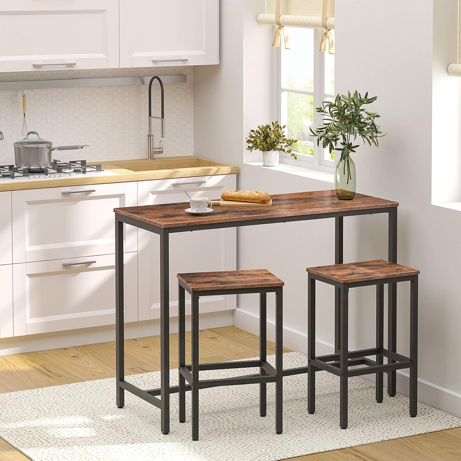 HOOBRO Bar Table and Chairs Set, 47.2' Rectangular Pub Table with 2 Stools for Small Space, High Top Table, 3-Piece Breakfast stools Set, Sturdy Metal Frame, Easy to Assemble, Rustic Brown BF52BT01